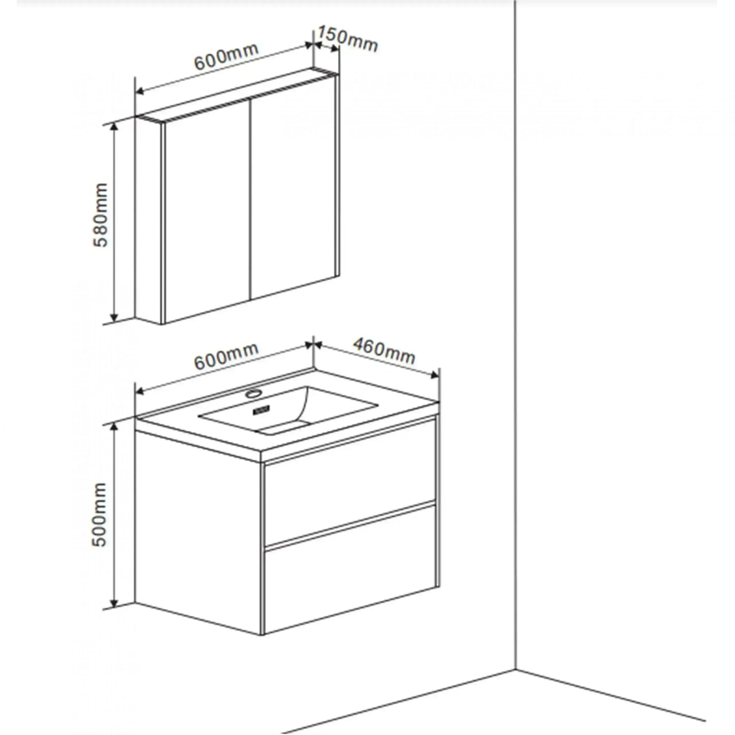 Badmeubel Set Abruzzo wastafel en spiegelkast 60 cm Grijs SaniSupreme Sanisupreme