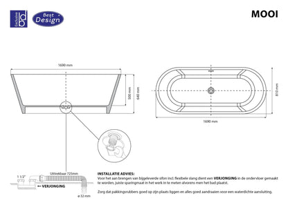 Bella 169 cm vrijstaand bad Mat Wit SaniSupreme SaniSupreme