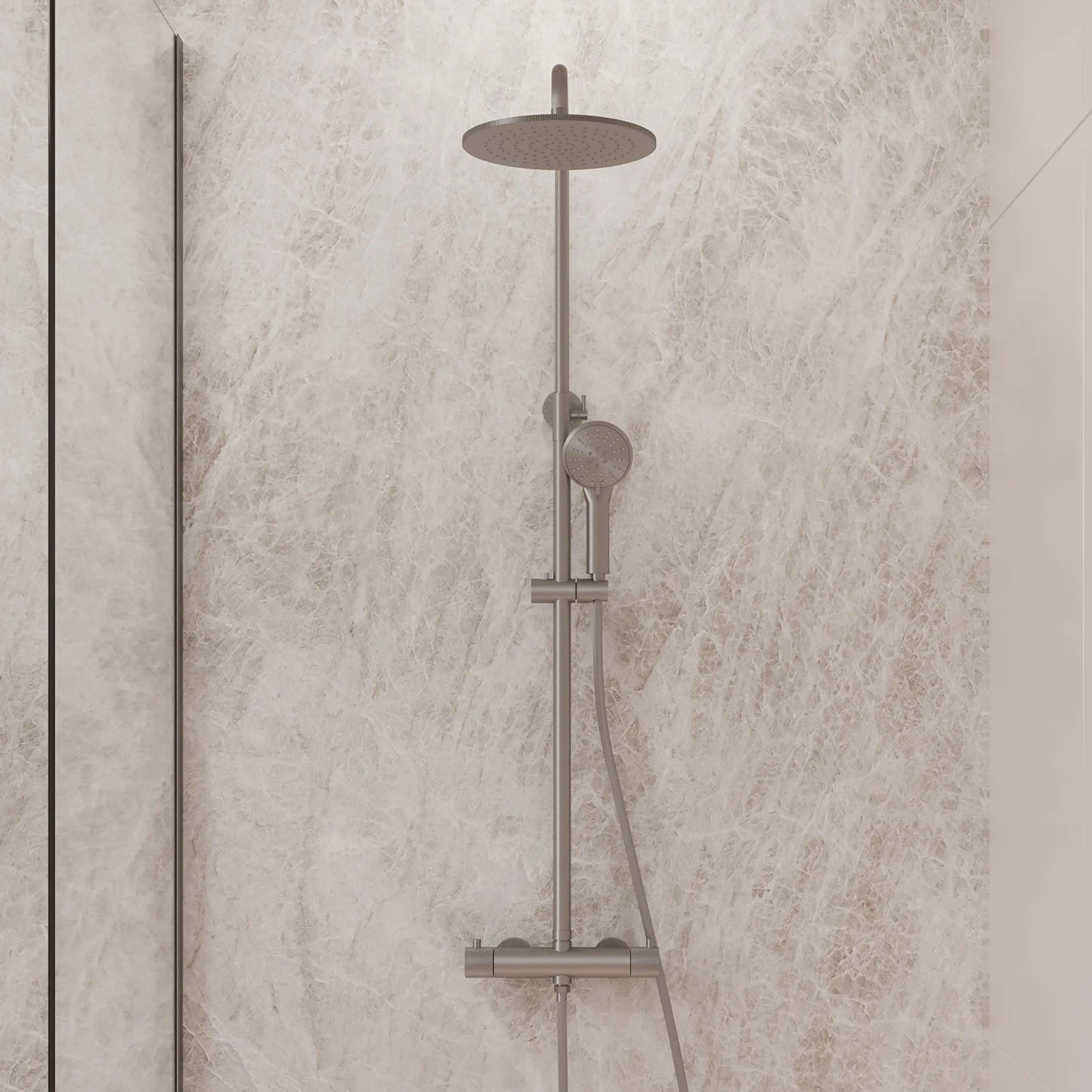 Best Design Zenia Line Limio Series thermostatische opbouw regendouche 25cm breed 90 tot 125cm RVS 304 SaniSupreme