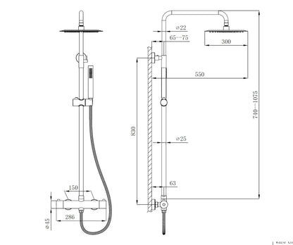 Best Design Zenia Line Lina Series thermostatische opbouw regendouche 30cm breed 90 tot 122 cm RVS 304 SaniSupreme Sanisupreme