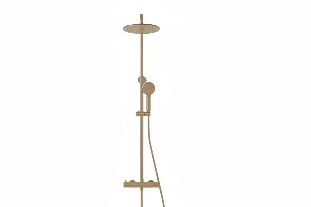 Best Design Zenia Line Lumia Series thermostatische opbouw regendouche 25cm breed 90 tot 125cm Mat Goud SaniSupreme