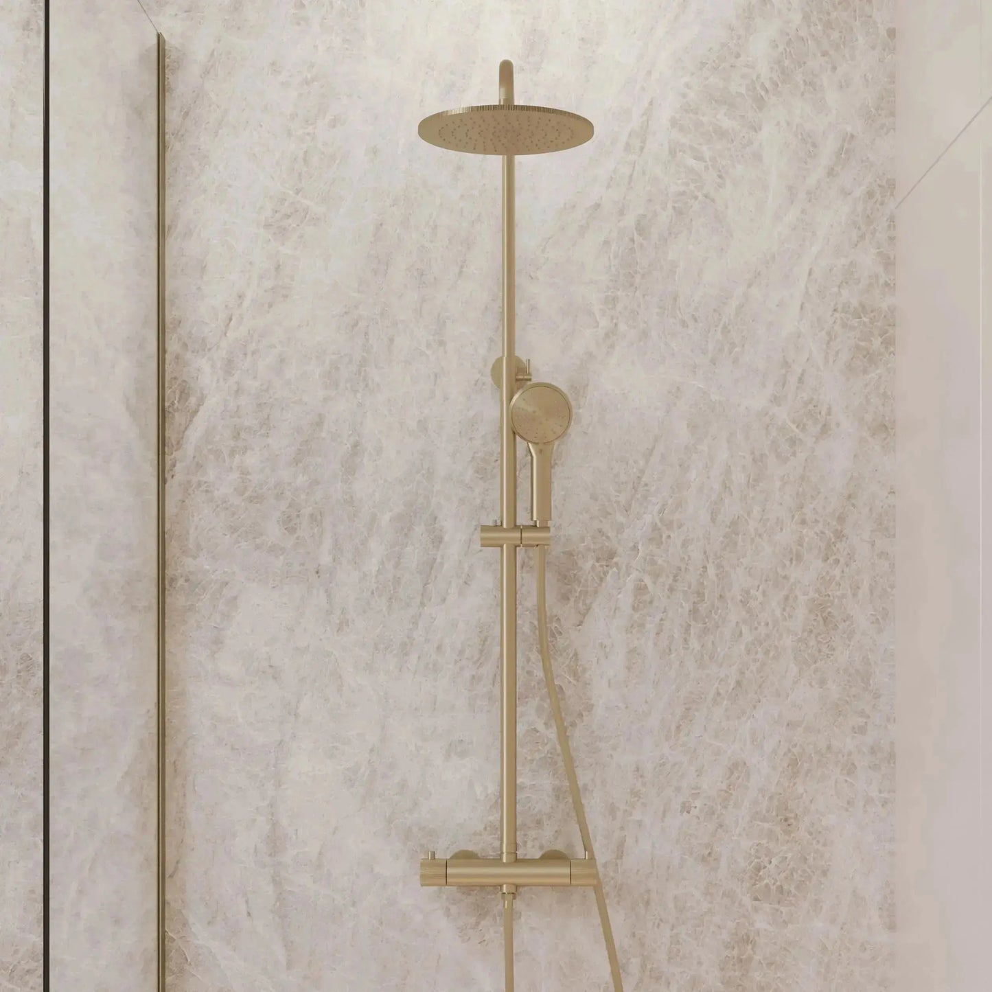 Best Design Zenia Line Lumia Series thermostatische opbouw regendouche 25cm breed 90 tot 125cm Mat Goud SaniSupreme Sanisupreme