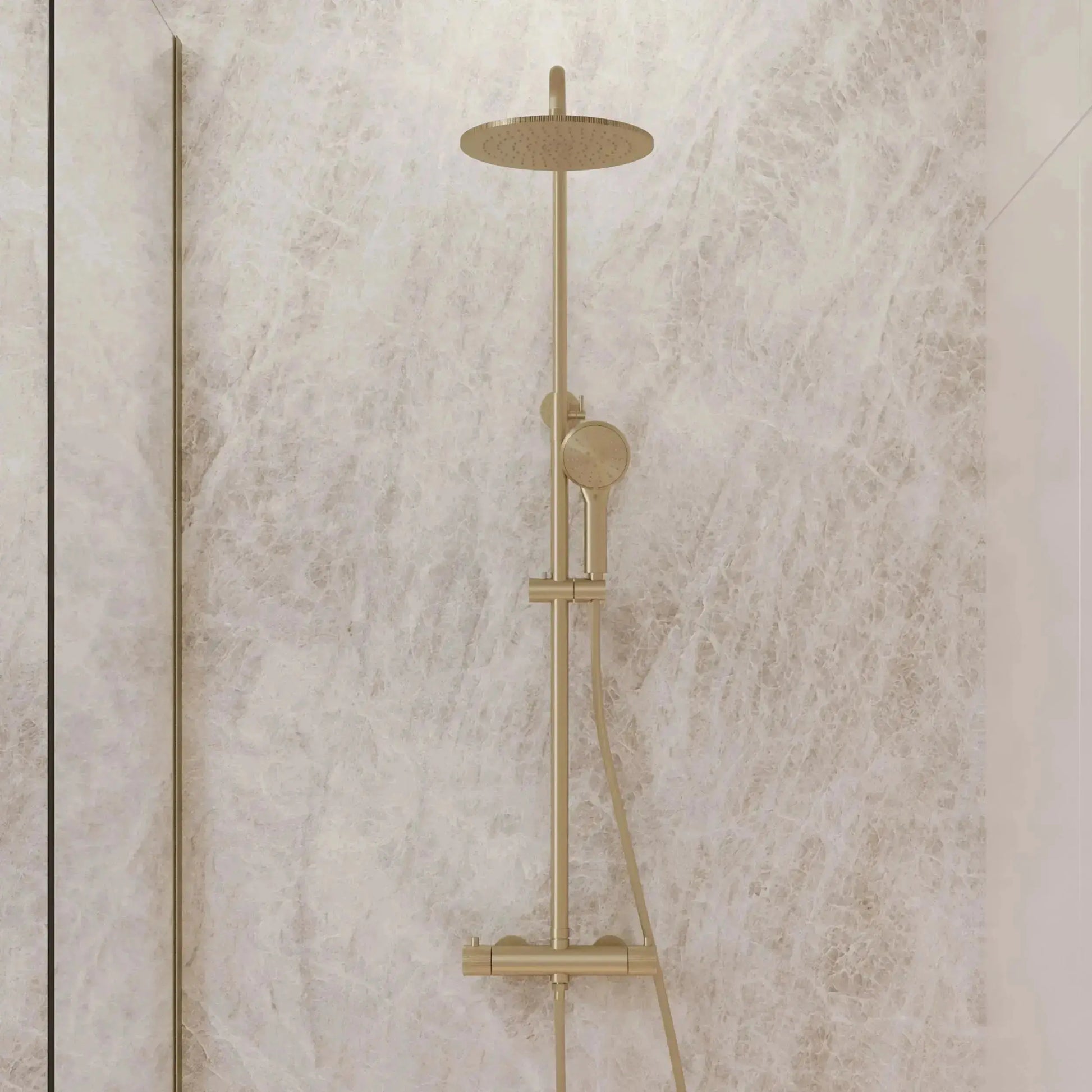 Best Design Zenia Line Lumia Series thermostatische opbouw regendouche 25cm breed 90 tot 125cm Mat Goud SaniSupreme Sanisupreme