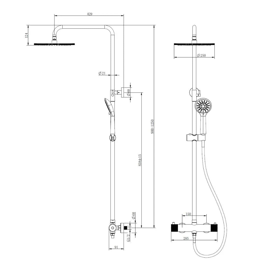 Best Design Zenia Line Series ThermoCore thermostatische opbouw regendouche 90 tot 125 cm Nero SaniSupreme