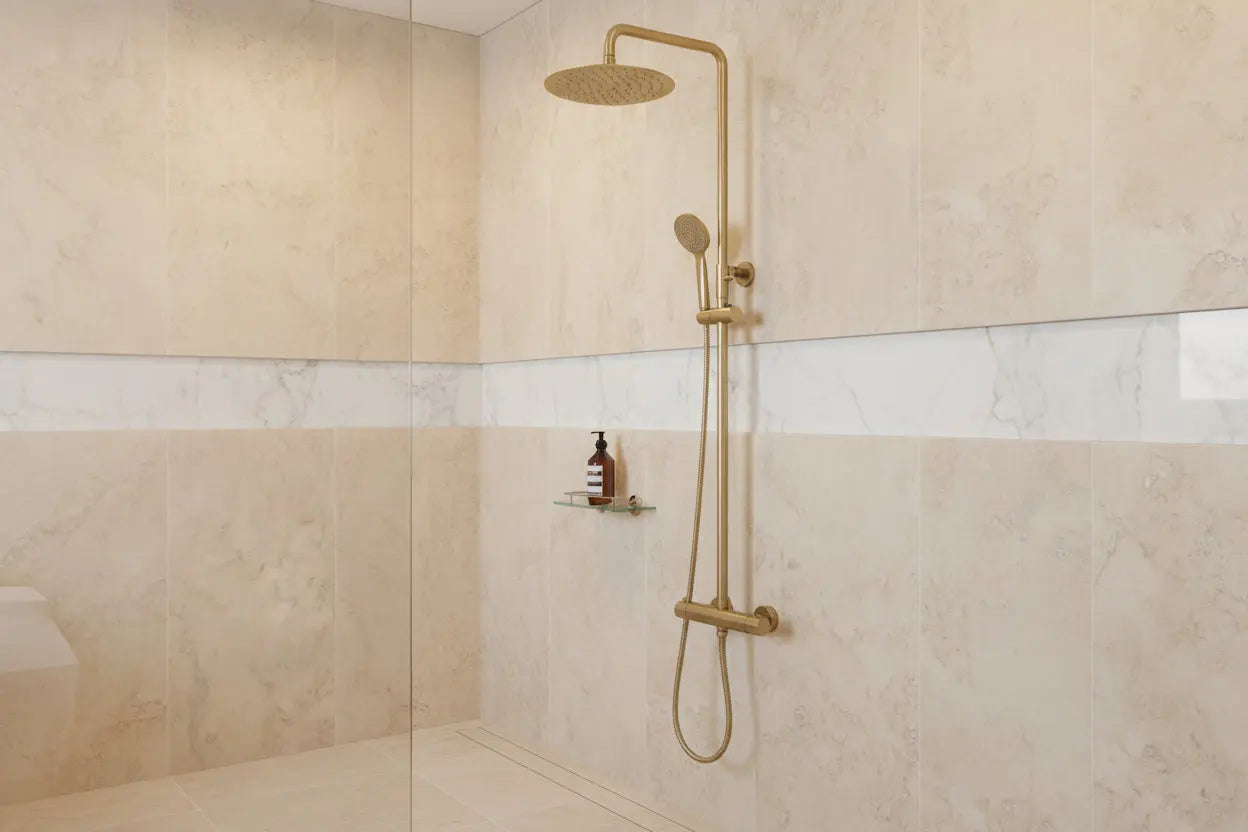 Best Design Zenia Line WallFit Series thermostatische opbouw regendouche 30cm breed 83,5 tot 116 cm Mat Goud SaniSupreme