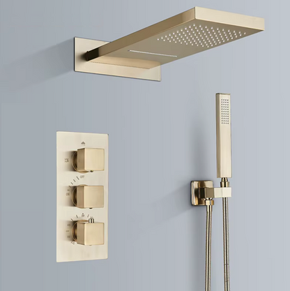 SaniSupreme® SmartPulse Wand Thermostatische Doucheset Biarritz 3 weg waterval met regendoucheplateau geborsteld goud