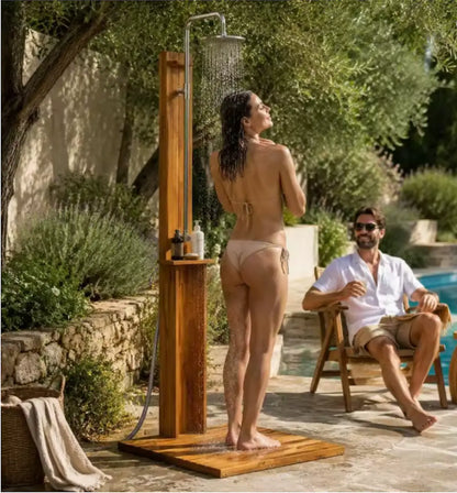 Buitendouche Saint-Tropez 217 cm tuindouche natuurlijk massief hout roestvrijstaal SaniSupreme