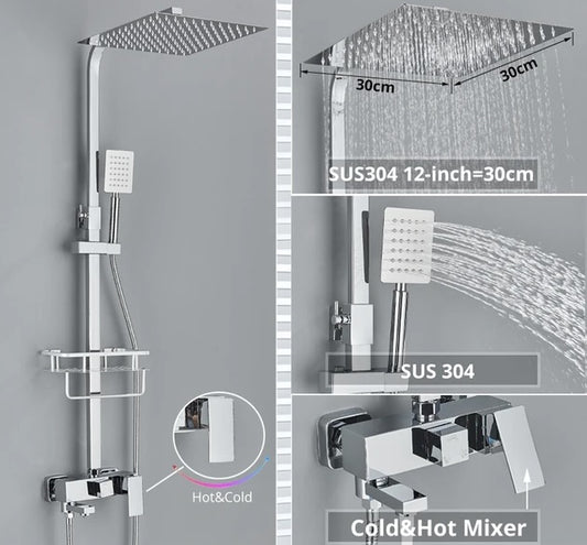 SaniSupreme California opbouw bad doucheset met baduitloop 3 weg 30 cm. regendouche chroom vierkant