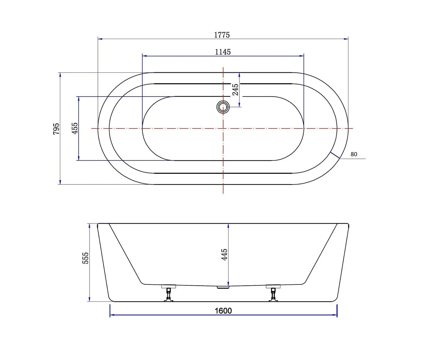 vrijstaand bad Black&White 178 cm Zwart en Wit Glans wit SaniSupreme