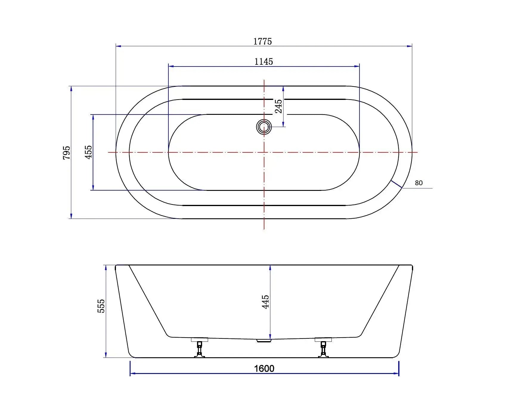 vrijstaand bad Black&White 178 cm Zwart en Wit Glans wit SaniSupreme