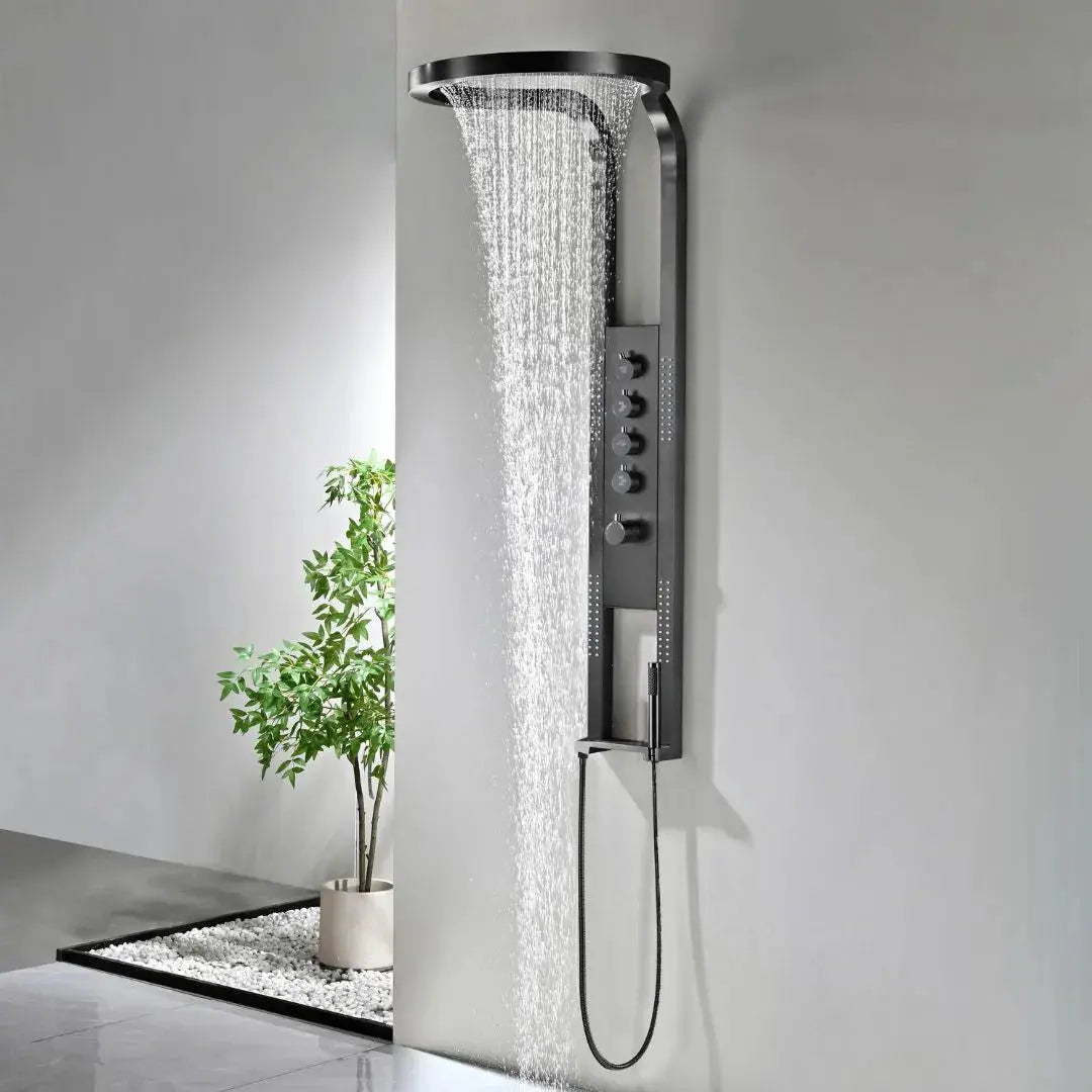 Douchepaneel Harmonia Cascata Gunmetal 2.0 Hydromassage Thermostatisch RVS Regendouche Wellness SaniSupreme Sanisupreme
