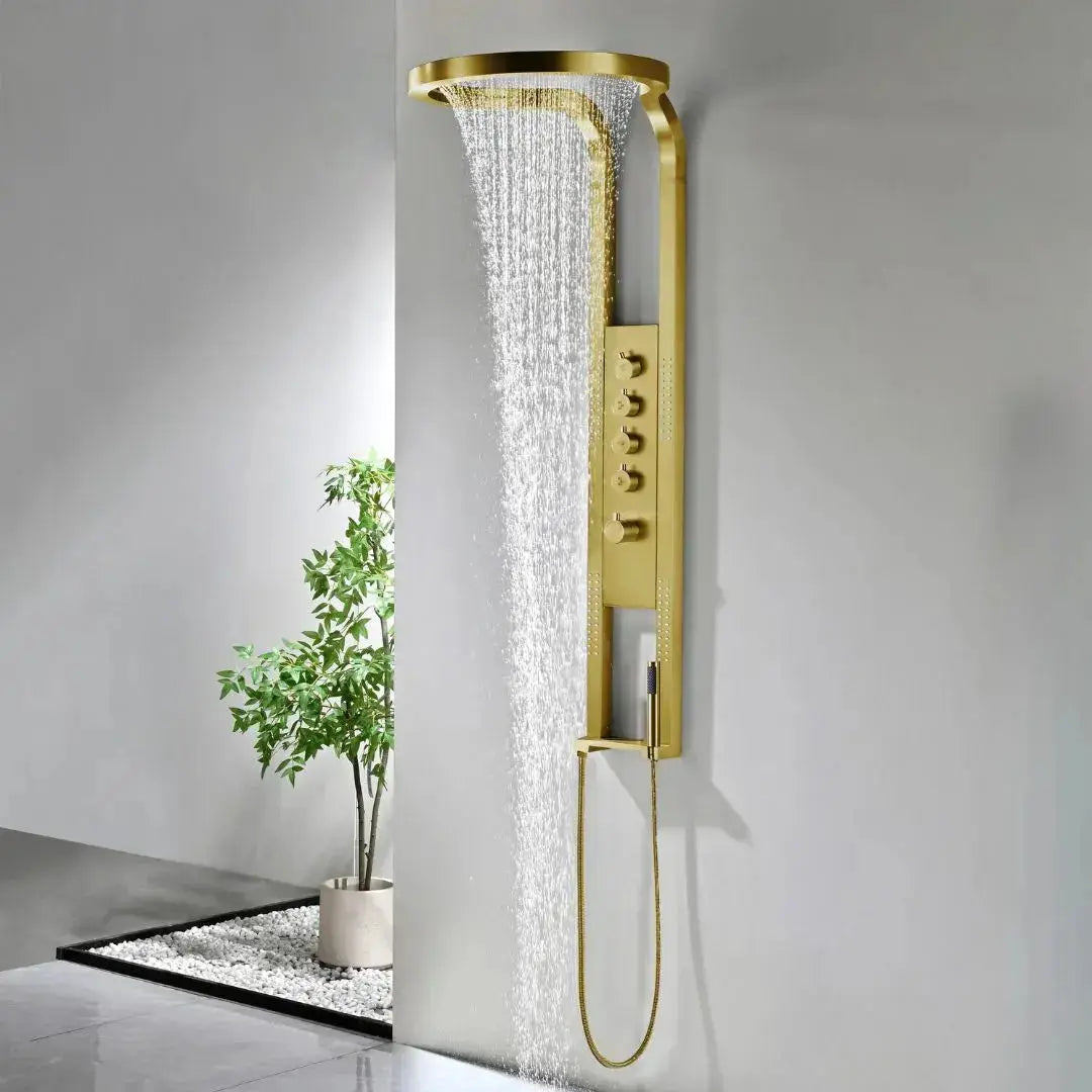 Douchepaneel Harmonia Oceano Mat Goud 2.0 Hydromassage Thermostatisch Regendouche Wellness SaniSupreme Sanisupreme