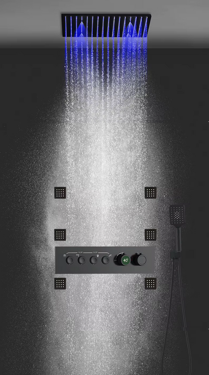 SPECIAL OFFER: SaniSupreme®SmartPulse Ceiling Thermostatic Shower Set Alicante 3-way Recessed Ceiling LED rain shower La Paz Matt Black