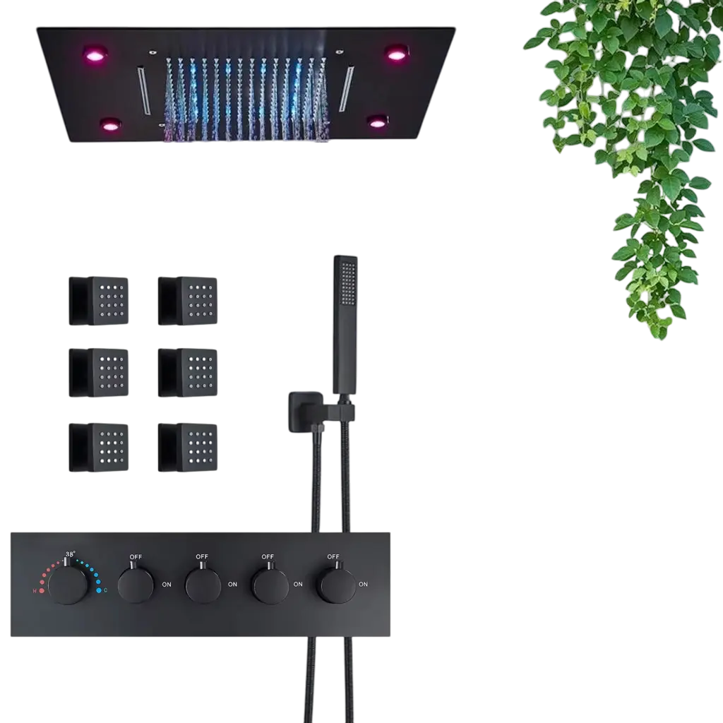 SaniSupreme Plafond 4 weg Thermostatische Doucheset Waterjets La Paz Mat Zwart Sanisupreme