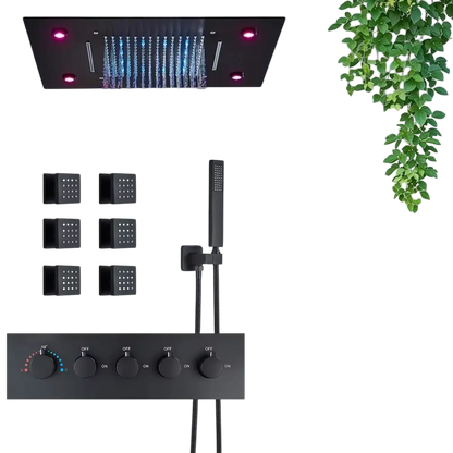 SaniSupreme Plafond 4 weg Thermostatische Doucheset Waterjets La Paz Mat Zwart Sanisupreme