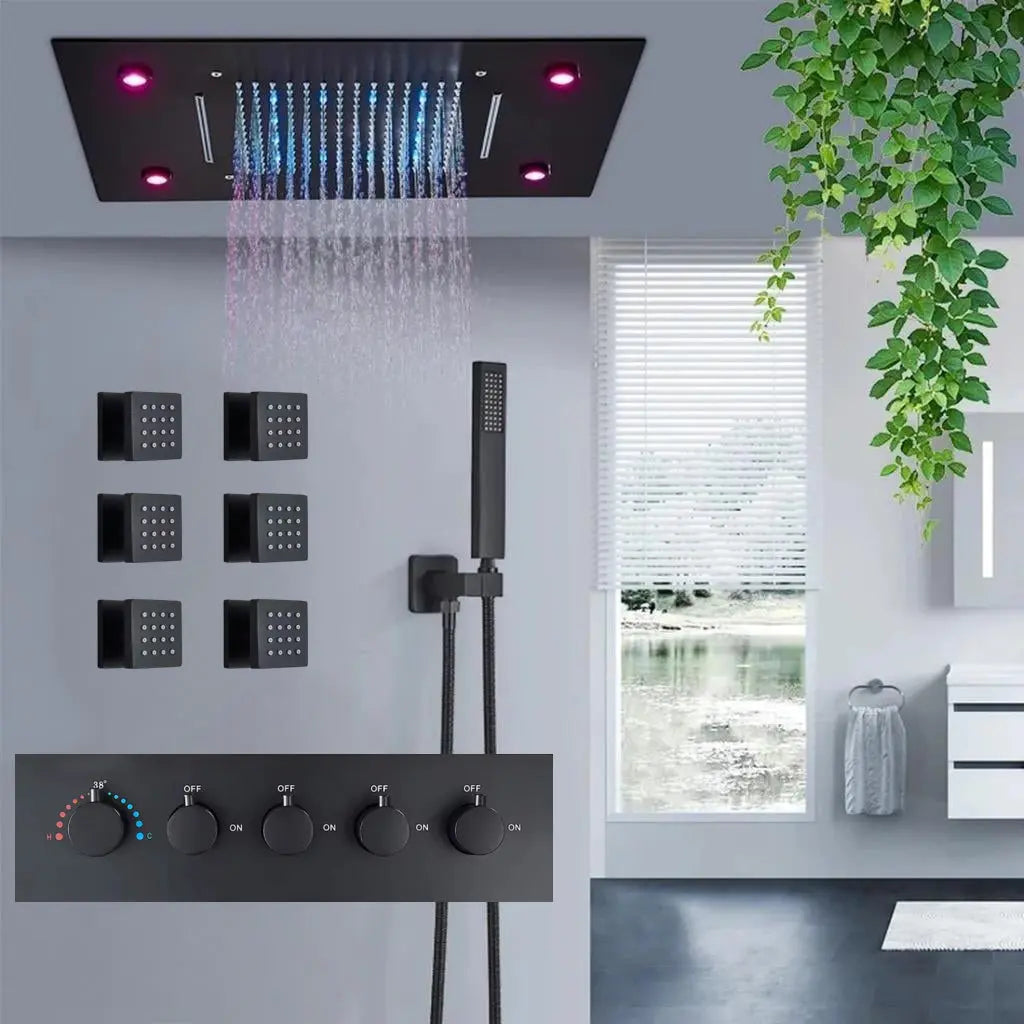 SaniSupreme Plafond 4 weg Thermostatische Doucheset Waterjets La Paz Mat Zwart Sanisupreme