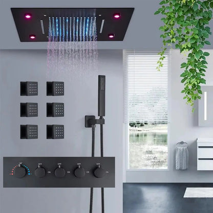 SaniSupreme Plafond 4 weg Thermostatische Doucheset Waterjets La Paz Mat Zwart Sanisupreme