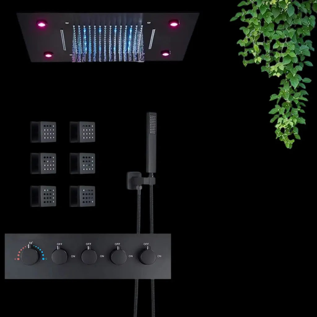 SaniSupreme Plafond 4 weg Thermostatische Doucheset Waterjets La Paz Mat Zwart Sanisupreme