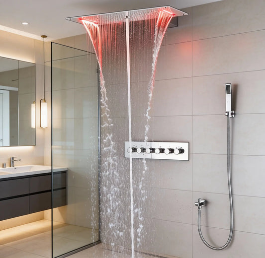 SaniSupreme® AquaTherme Plafond Thermostatische Doucheset Napels 5 weg Plafond LED regendouche Chroom Glans Sanisupreme