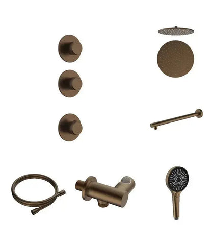 Ontdek de Stria Rain 2-weg wand inbouw regendoucheset in bruin brons. Luxe design, thermostatische bediening en comfortabel douchen met hoofd- en handdouche.