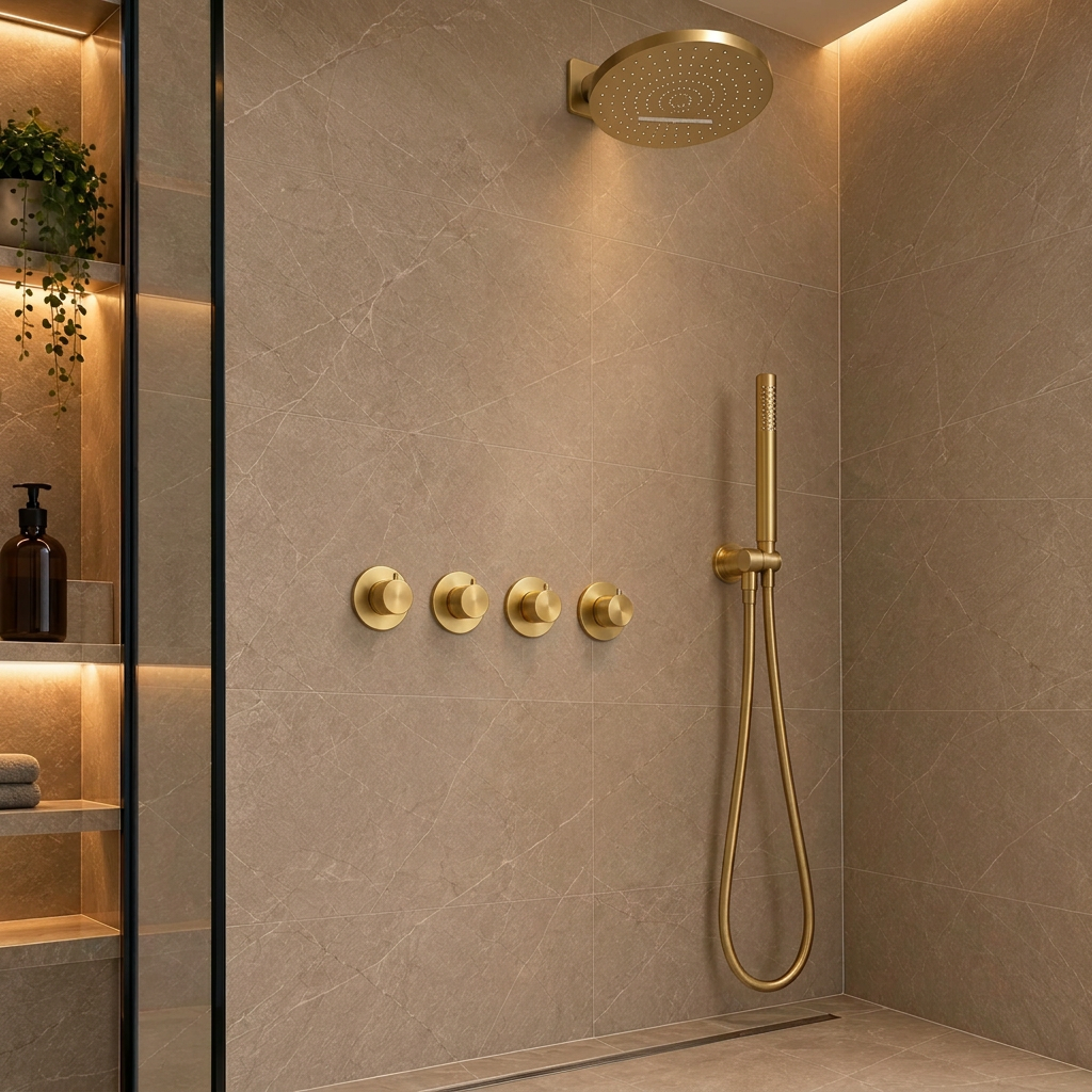 Doucheset SaniSupreme Stria ProRain Waterval Geborsteld goud Wand Set 3 weg ll3