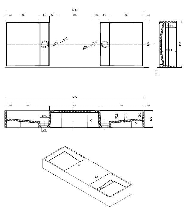 Elvario dubbele solid surface wastafel 120 cm mat wit SaniSupreme2