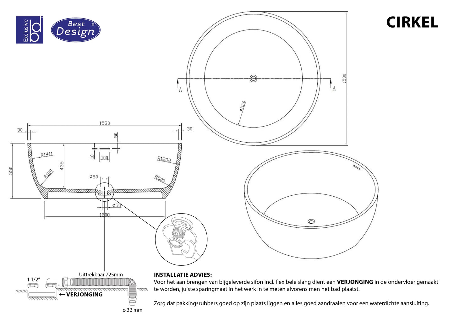 Elvaris Rond 153 cm vrijstaand ligbad Mat Wit SaniSupreme