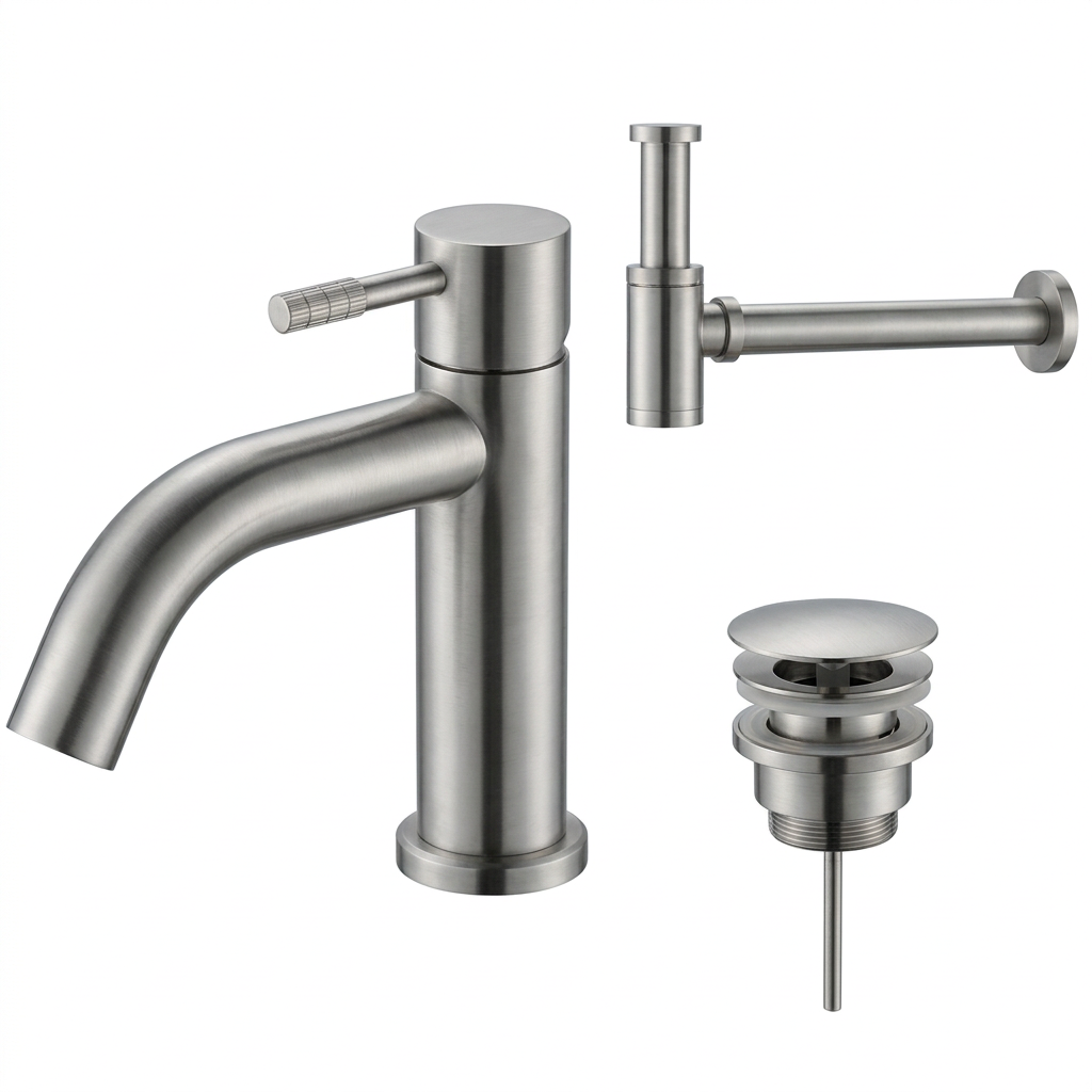 Fonteinkraan SaniSupreme Stria Toiletkraan Geborsteld RVS Sifon met Clickwaste II