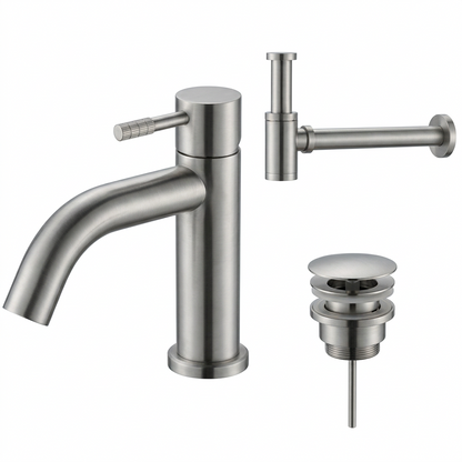 Fonteinkraan SaniSupreme Stria Toiletkraan Geborsteld RVS Sifon met Clickwaste II