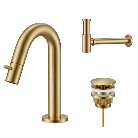 Fonteinkraan SaniSupreme Stria Toiletkraan Geborsteld Goud Sifon met Clickwaste