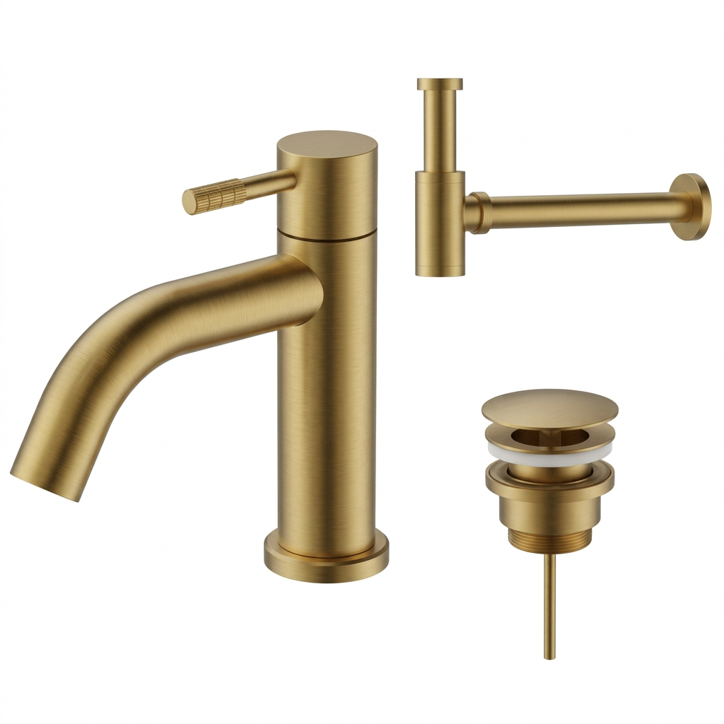 Fonteinkraan SaniSupreme Stria Toiletkraan Geborsteld Goud Sifon met Clickwaste IIset