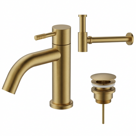 Fonteinkraan SaniSupreme Stria Toiletkraan Geborsteld Goud Sifon met Clickwaste IIset