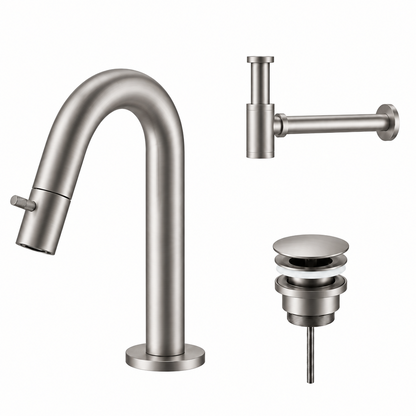 Fonteinkraan SaniSupreme Stria Toiletkraan Geborsteld RVS Sifon met Clickwaste