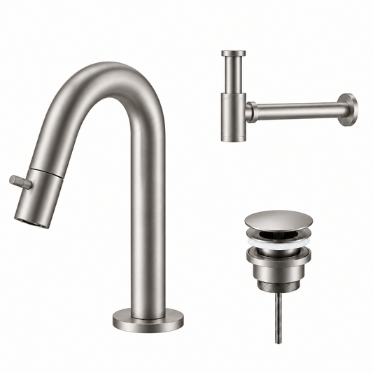 Fonteinkraan SaniSupreme Stria Toiletkraan Geborsteld RVS Sifon met Clickwaste