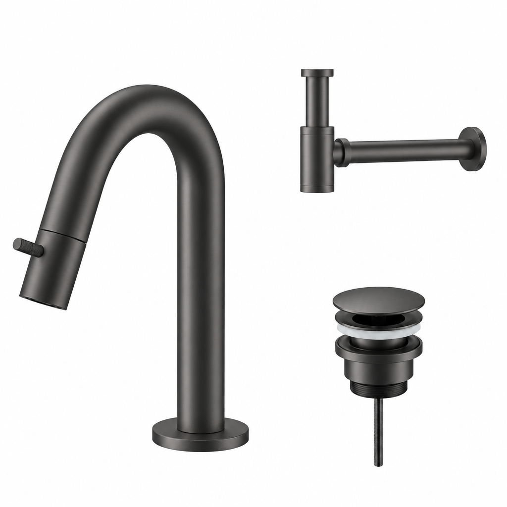 Fonteinkraan SaniSupreme Stria Toiletkraan GunMetal Sifon met Clickwaste