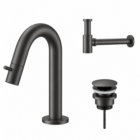 Fonteinkraan SaniSupreme Stria Toiletkraan GunMetal Sifon met Clickwaste
