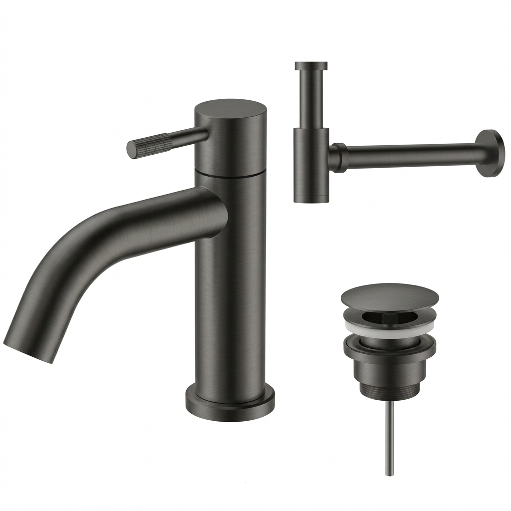 Fonteinkraan SaniSupreme Stria Toiletkraan Gun Metal Sifon met Clickwaste IIfoto