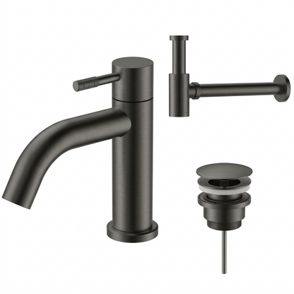 Fonteinkraan SaniSupreme Stria Toiletkraan Gun Metal Sifon met Clickwaste IIfoto