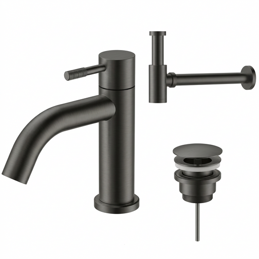 Fonteinkraan SaniSupreme Stria Toiletkraan Gun Metal Sifon met Clickwaste IIfoto