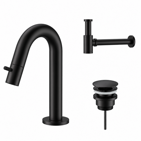 Fonteinkraan SaniSupreme Stria Toiletkraan Mat Zwart Sifon met Clickwaste