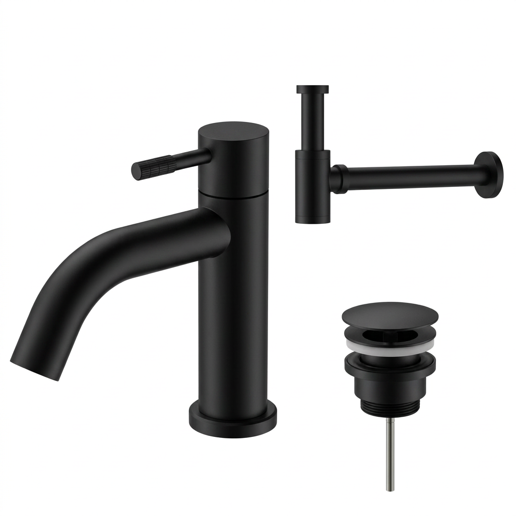 Fonteinkraan SaniSupreme Stria Toiletkraan Mat Zwart Sifon met Clickwaste II