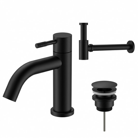 Fonteinkraan SaniSupreme Stria Toiletkraan Mat Zwart Sifon met Clickwaste II