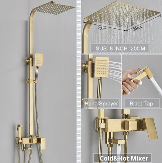 SaniSupreme California opbouw bad doucheset met baduitloop 3 weg 20 cm. regendouche goud brushed vierkant
