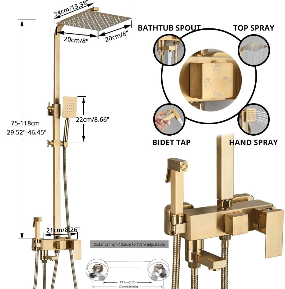 SaniSupreme California opbouw bad doucheset met baduitloop 3 weg 20 cm. regendouche goud brushed vierkant