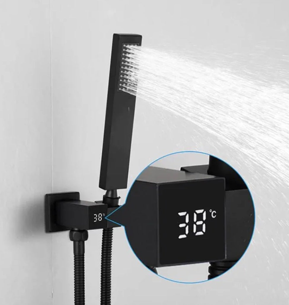 Complete Hand Shower Set Brass Hanging Bracket Rotating Wall Coupling with LCD temperature display matt black 