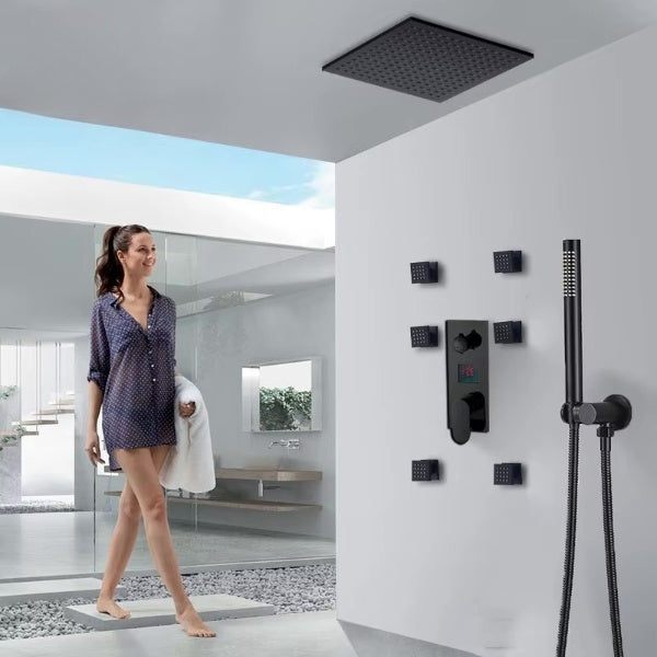 SaniSupreme Ensemble de douche Manhattan Premium de Luxe LCD 20 pouces | Douche de plafond à effet pluie de 50 cm carrée 3 voies noire à encastrer