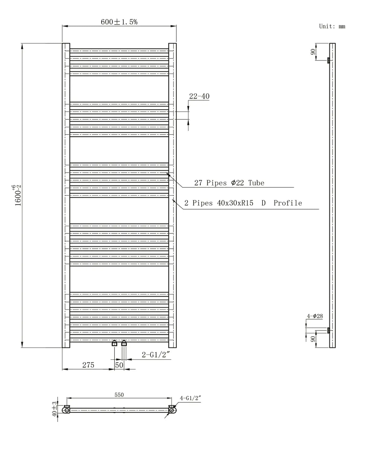 Handdoek verwarming Geborsteld RVS SaniSupreme Monvex 160x60cm 557 W middenaansluiting