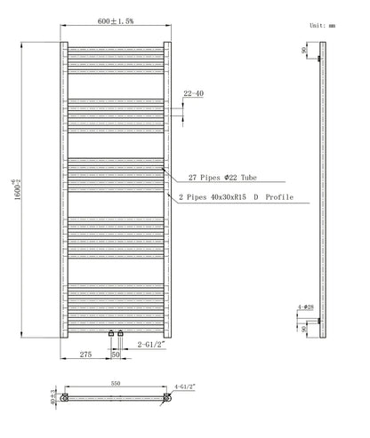 Handdoek verwarming Geborsteld RVS SaniSupreme Monvex 160x60cm 557 W middenaansluiting