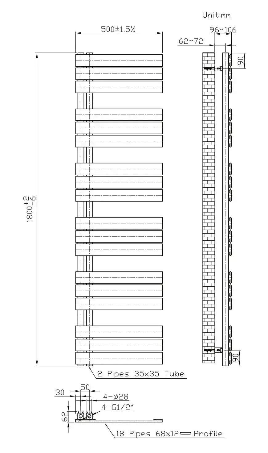 Handdoek verwarming Wit SaniSupreme Calvina 180x50cm 890 W Aansluiting Links