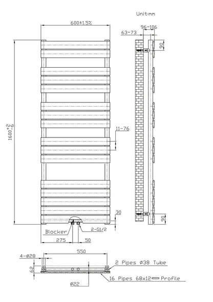 Handdoek verwarming Wit SaniSupreme Caviro 160x60cm 908 W Aansluiting midden